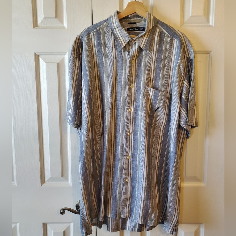 Nautica blue, white and green linen short sleeved sport shirt XL